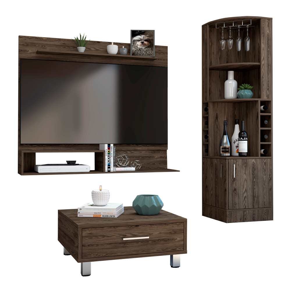 Bar Esquinero Kava + Panel TV + Mesa de Centro Color Coñac y Blanco Para Sala De Estar